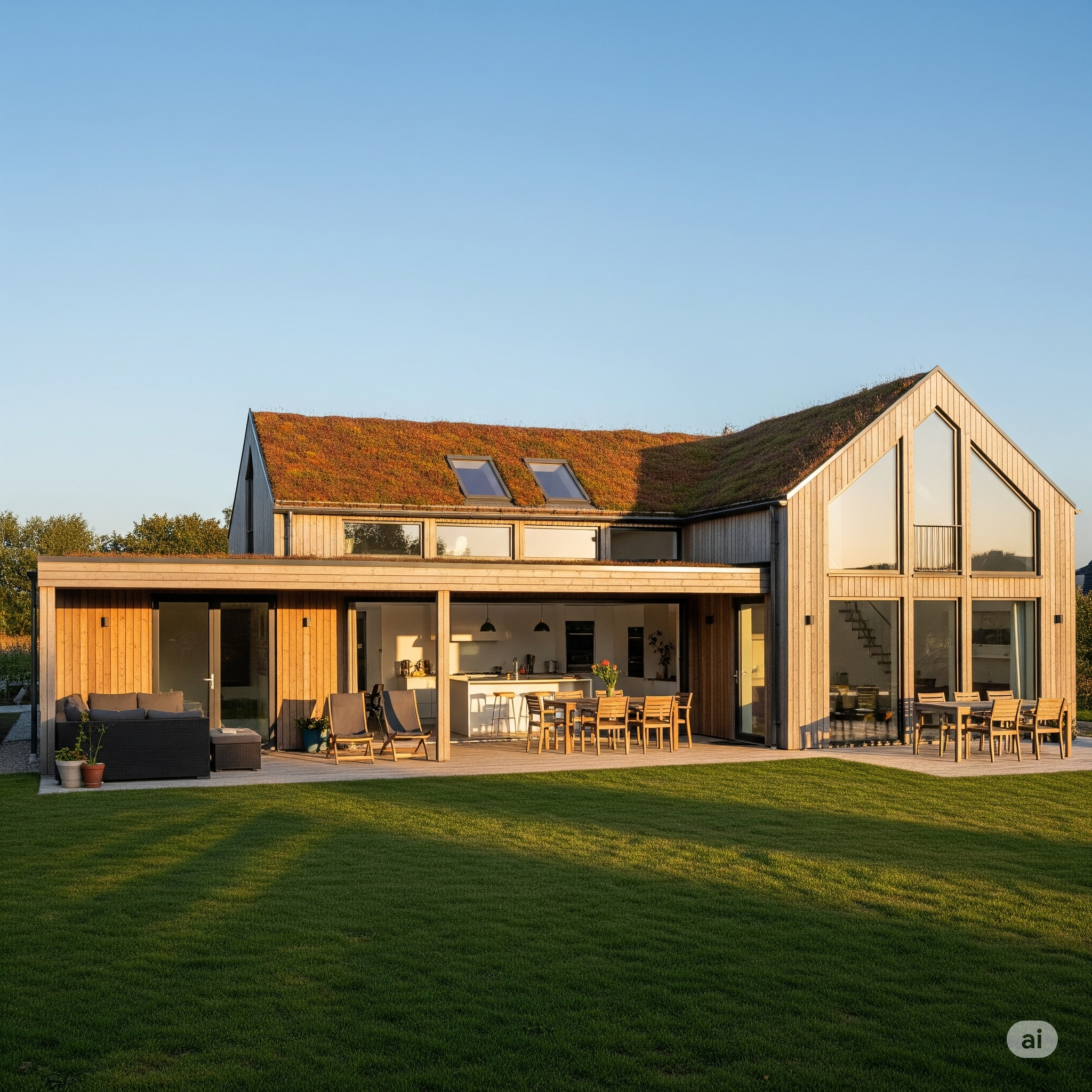 Modern Passive House home with large windows, timber cladding, and a green roof, designed for energy efficiency and comfort at sunset in Melbourne.